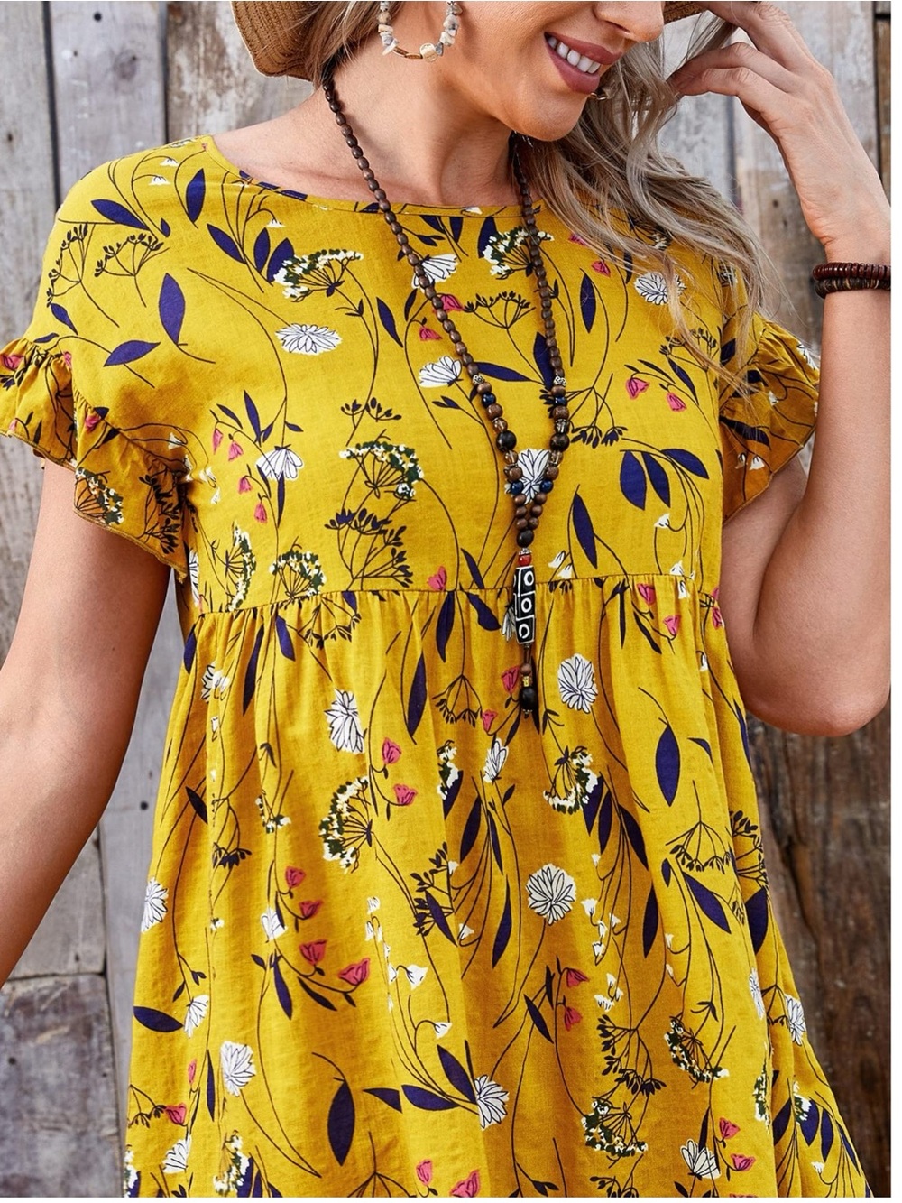 Emery Rose Yellow Floral Ruffle Short Sleeve Babydoll Dress Womens Size Medium - Picture 3 of 13